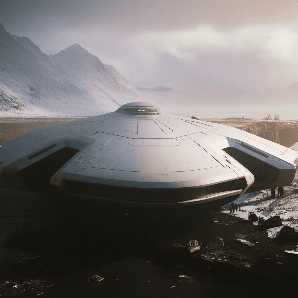 AI generated: Create a realistic 4K image of a gigantic spaceship abandoned in the middle of an icy, desolate land...