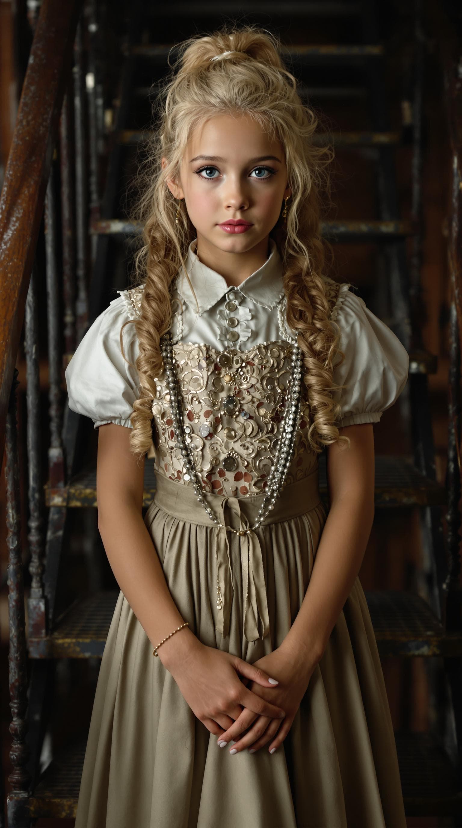 AI generated: a professional photo of a exceptionally beautiful girl aboard the Royal Mail Ship Titanic (age 7), (...