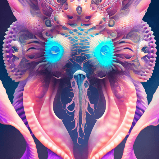 AI generated: Goddess close-up portrait ribcagel. jellyfish phoenix head, nautilus, orchid, skull, betta fish, bio...