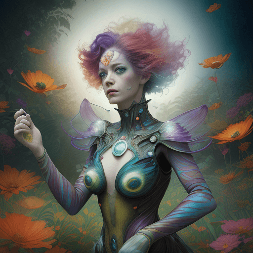 AI generated: beautiful angle view of Species woman individual from another planet with multicolored hair, beautif...