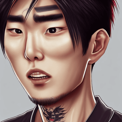 AI generated: handsome young korean man, hair bangs, wearing a t-shirt with yakuza tattoos, 8K realistic.