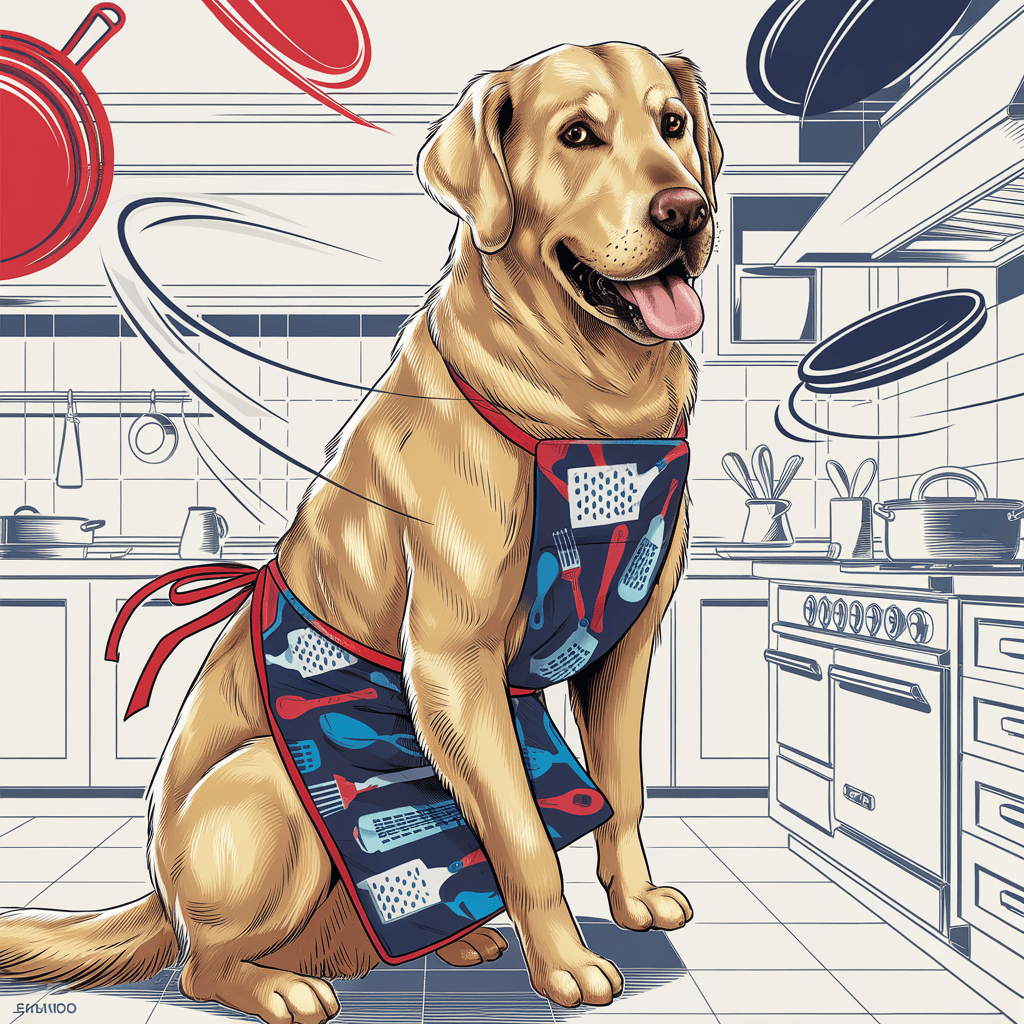 AI generated: Feature a humanoid Golden Retriever in a dynamic culinary environment, dressed in a chef's apron dec...