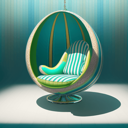 AI generated: Product photography, a colorful egg chair with Aqua Man striped pattern on it, in the style of esteb...