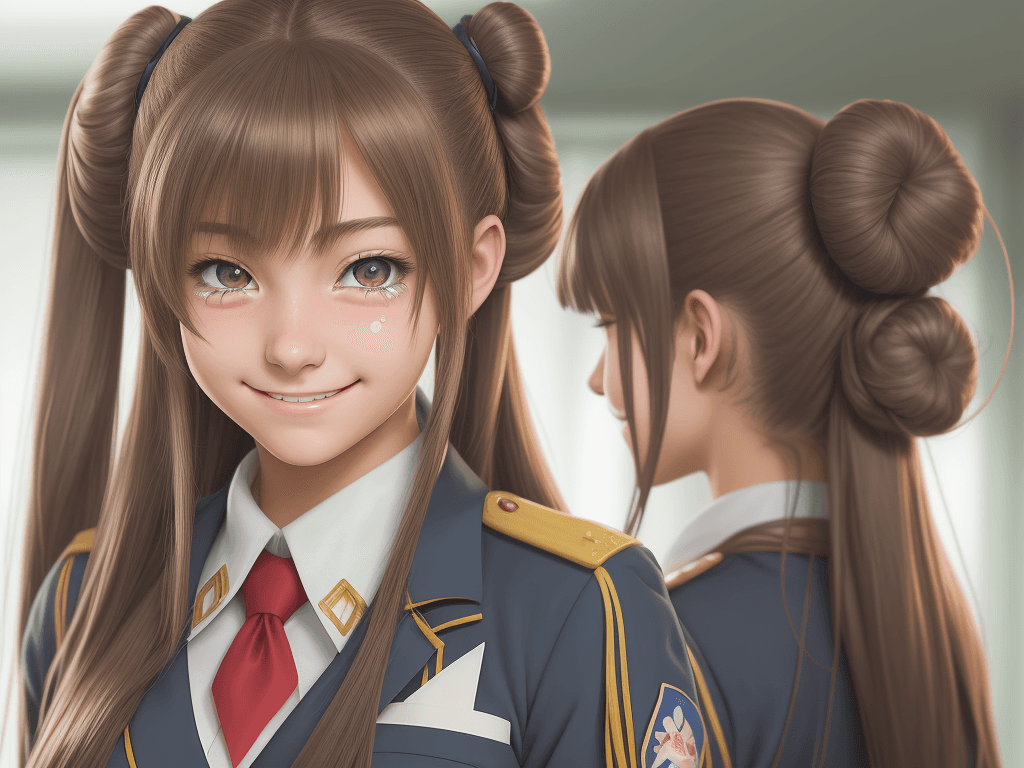 AI generated: Beautiful highschool girl in uniform turns around with a smile with tears, long hair in buns, anime,...
