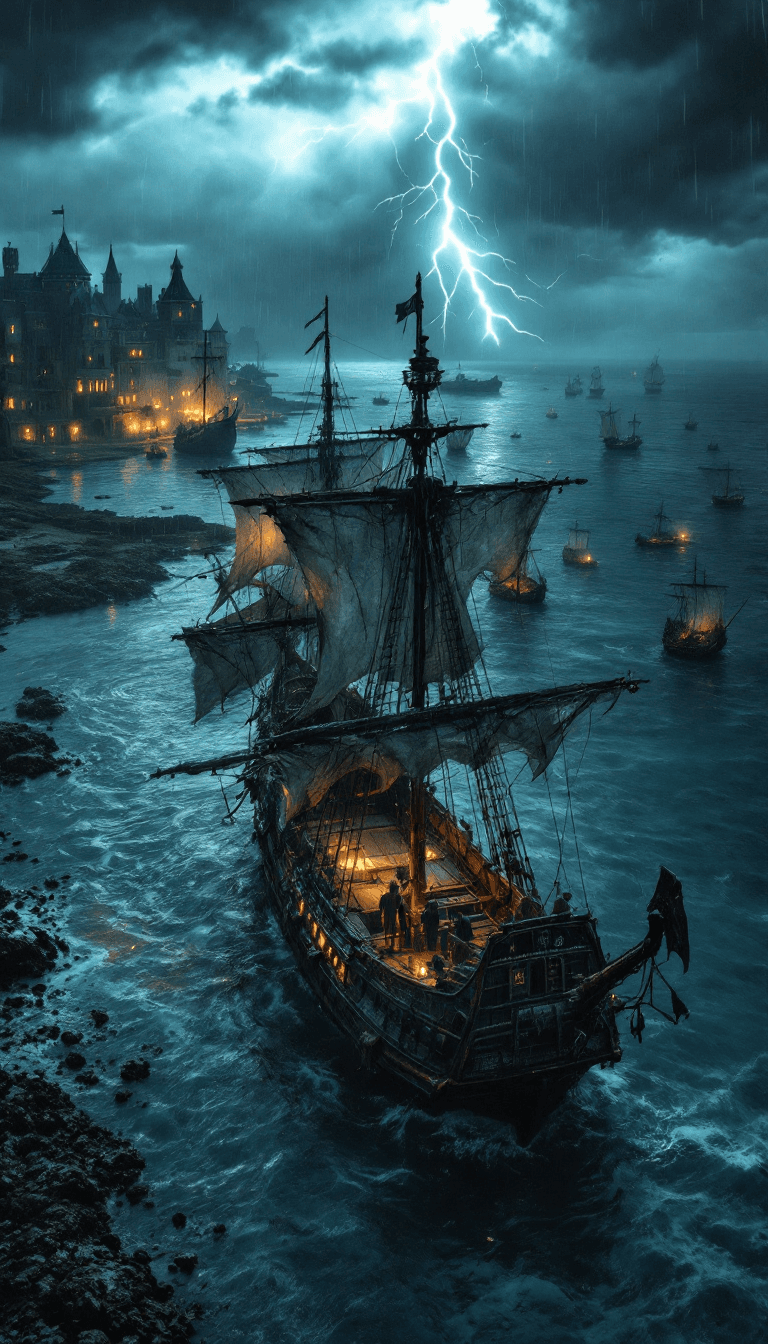 AI generated: Aerial view of a weathered 16th-century pirate ship stranded on a flooded coast in Ireland. Dark sto...