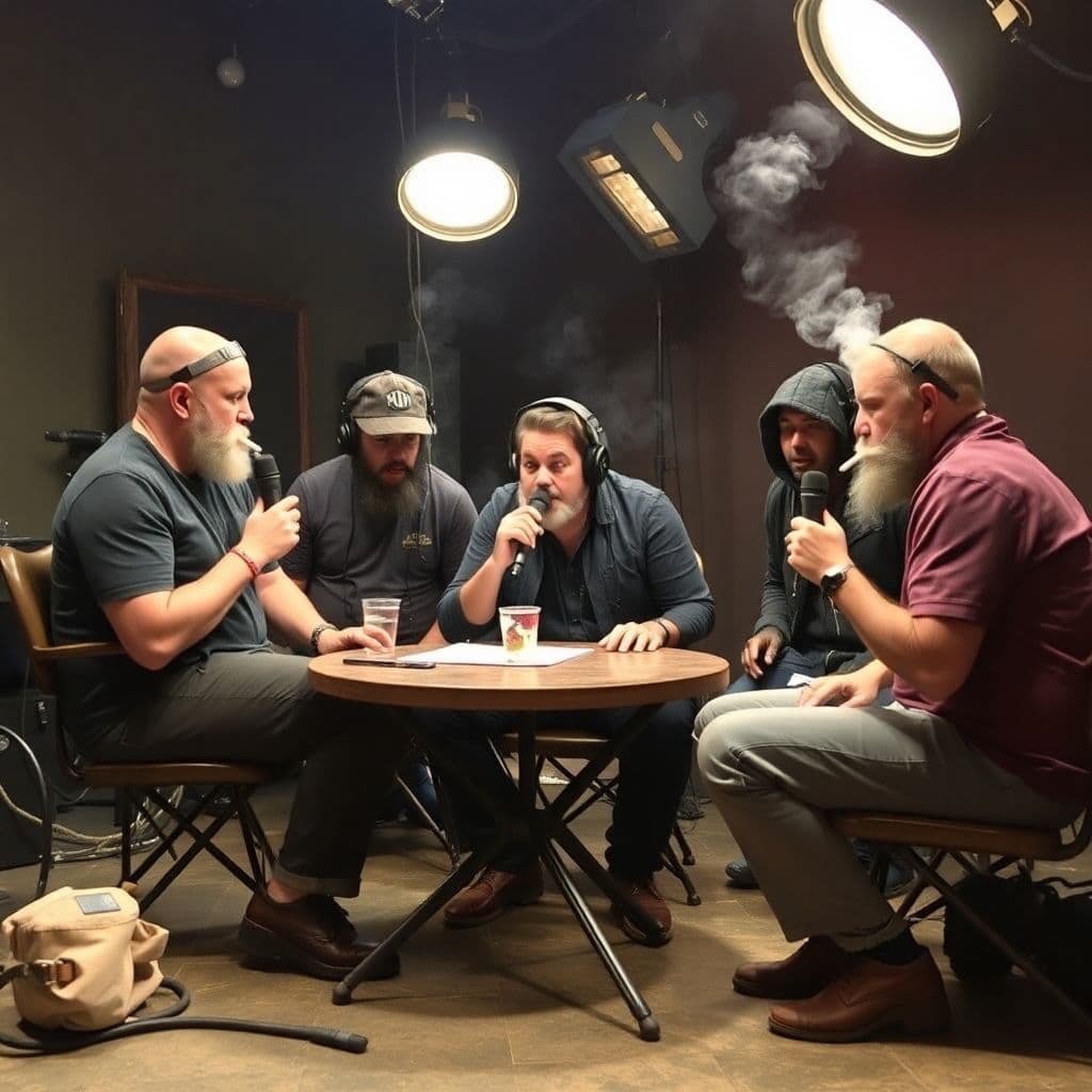AI generated: Joe Rogan on set with unidentified beings. smoking weed, furious