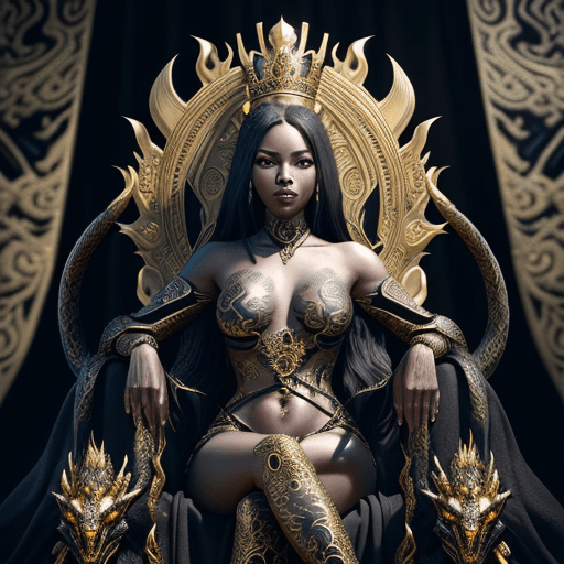 AI generated: A very beautiful queen sitting on a black throne made of gold, with a serpent-dragon like elements a...