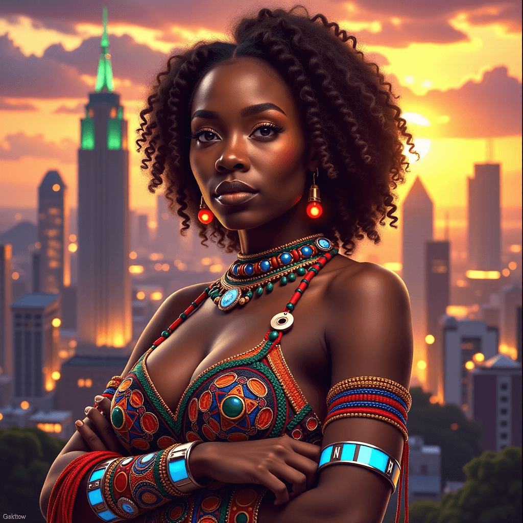 AI generated: A powerful, realistic portrait of an African queen. She wears traditional, colorful Kente cloth and ...