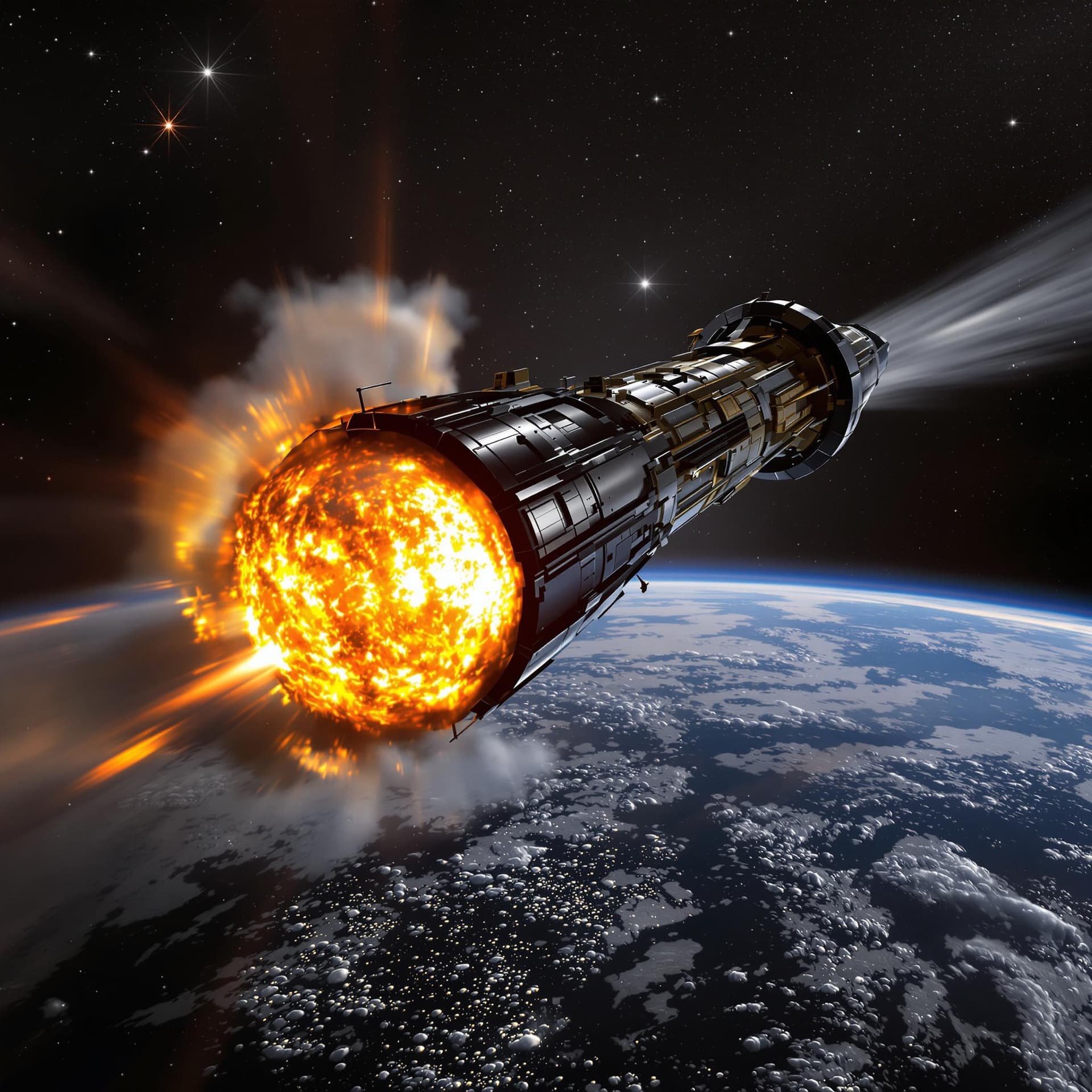AI generated: Hyper realistic technically correct Orion nuclear pulse propulsion spacecraft leaving earth orbit. t...