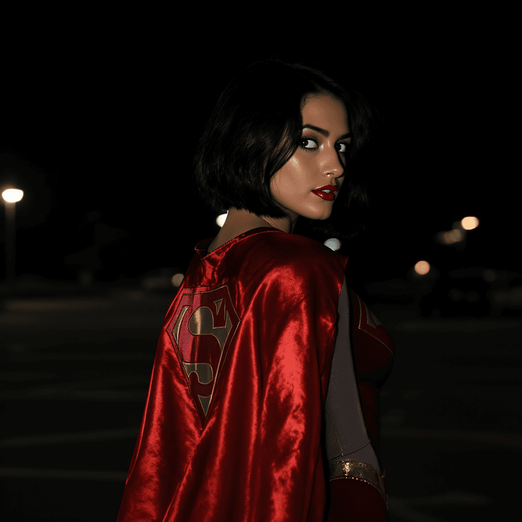 AI generated: photo of supergirl in a supergirl costume with a red cape on her back, black hair, short hair, tan s...