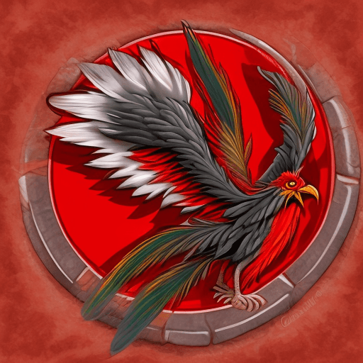 AI generated: phoenix cartoon like. Playing with stone cylindar. Red color of feathers