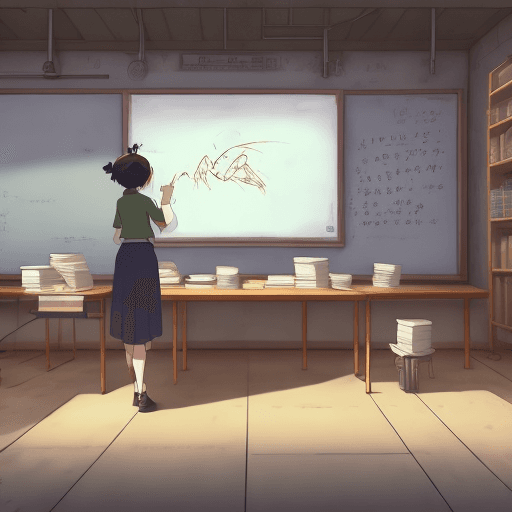 AI generated:  teacher teaching in front of a blackboard in a classroom, digital 2D, animado por Kyoto Animatioby ...