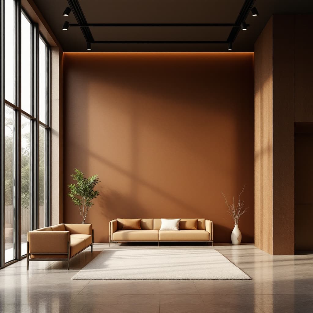 AI generated: High resolution interior design photography, reception room, with a wide brown wall in the backgroun...