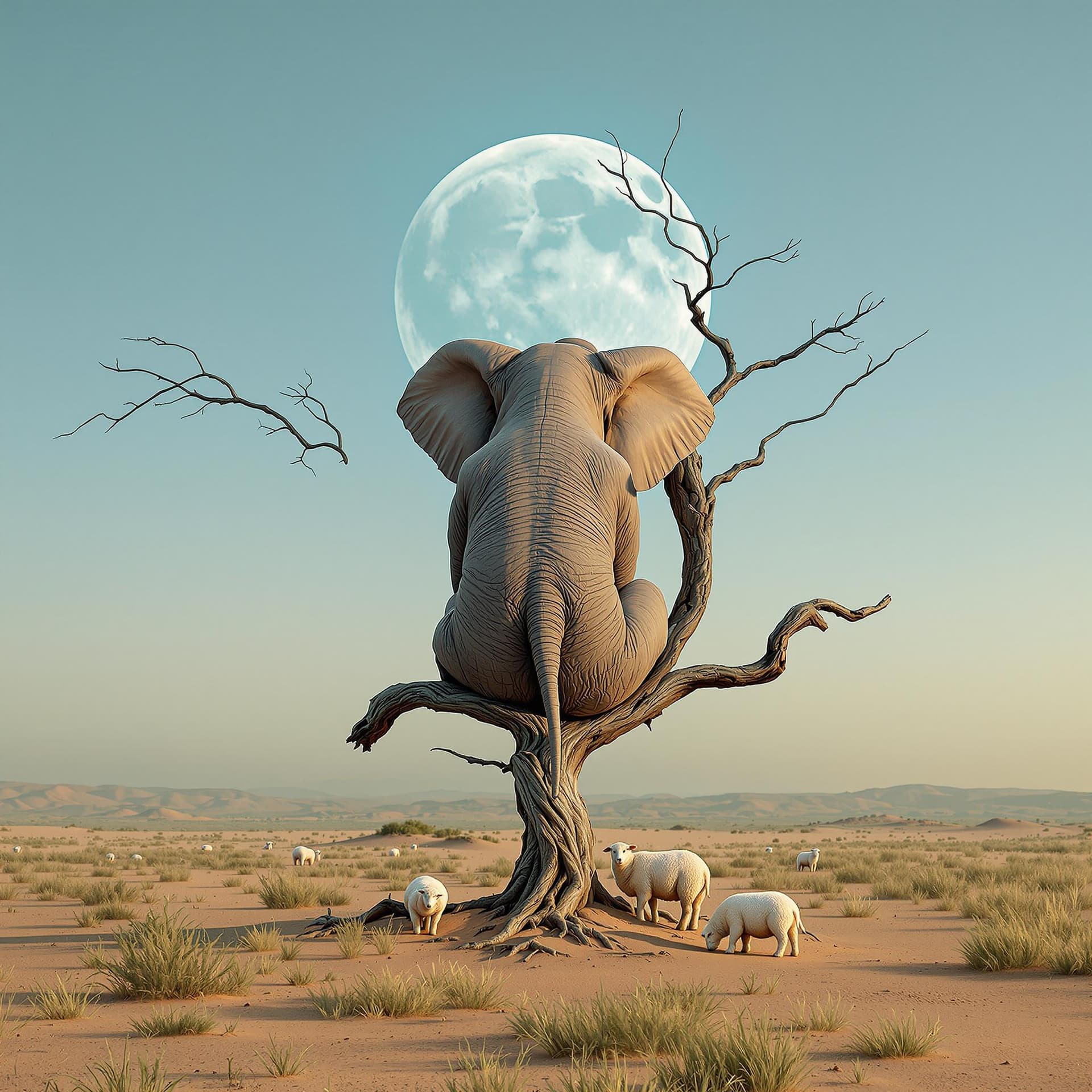 AI generated: A surreal depiction of an elephant, facing away the viewer, sitting on a thin, fragile looking bare ...