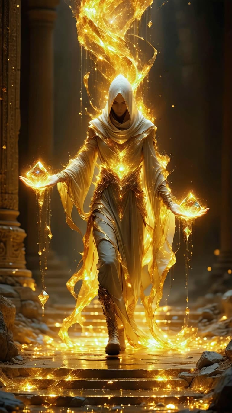 AI generated: A luminous golden guardian, their form woven from celestial silk and cosmic energy, stands atop a le...