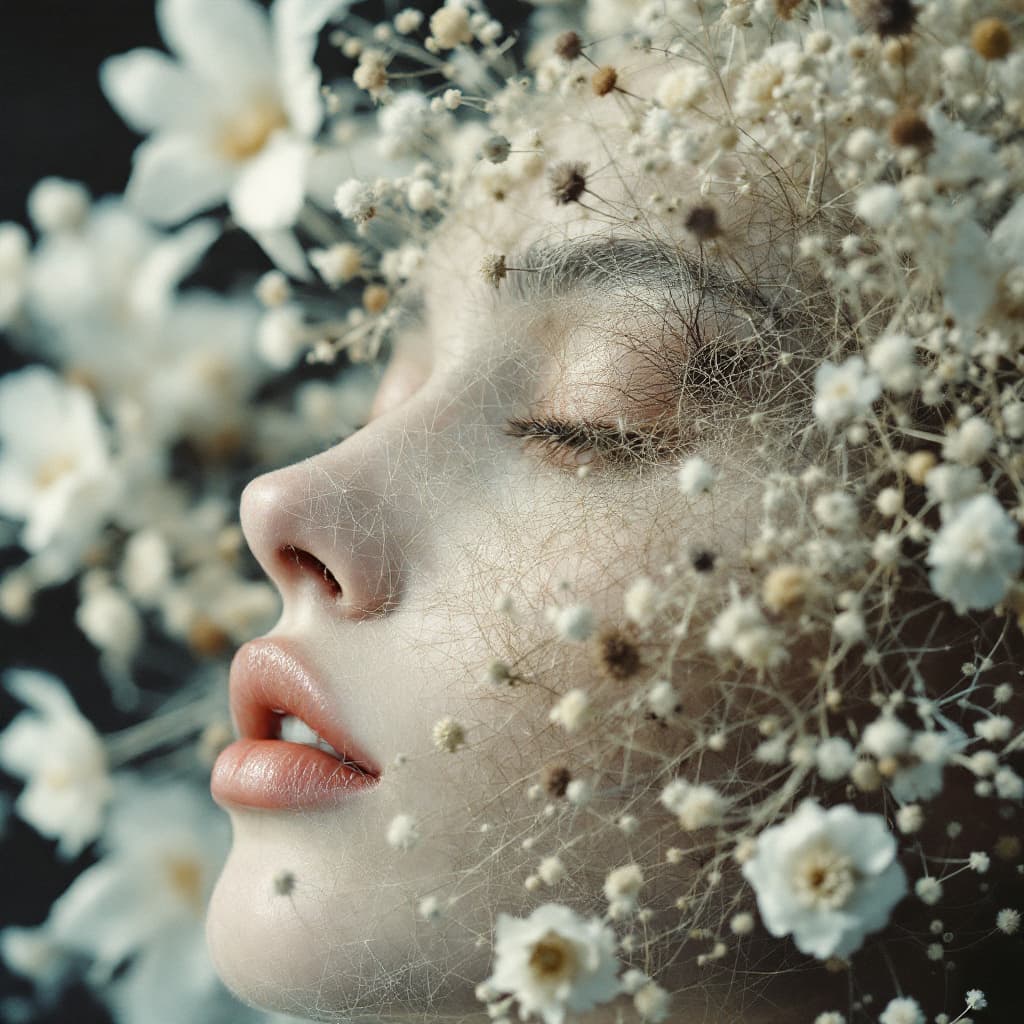 AI generated: Prompt ( piece)  "woman made of thin threads+ dried flowers, mysticism, + coherent, haze, fog, fines...