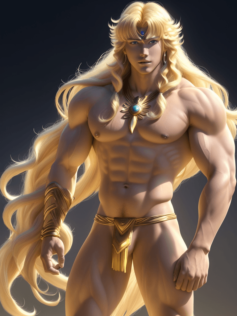 AI generated: Virgo Shaka from Saint Seiya, blond indian complexion, big muscles and big thighs, blond hair, in hi...