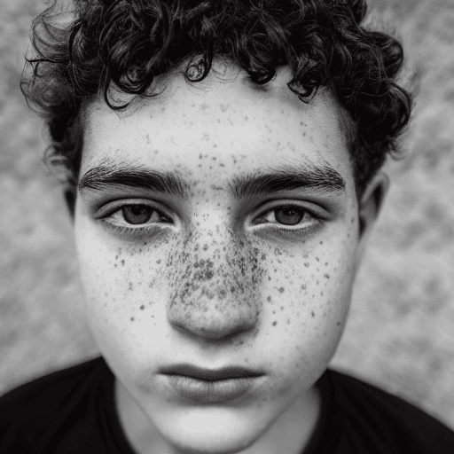 AI generated: detailed and realistic portrait of a teenage boywith a few freckles, round eyes and short curly hair...