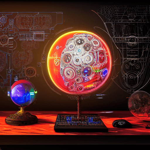 AI generated: complex colorful portrait of a cyberpunk sphere computer over a table, black plastic, symmetrical, f...