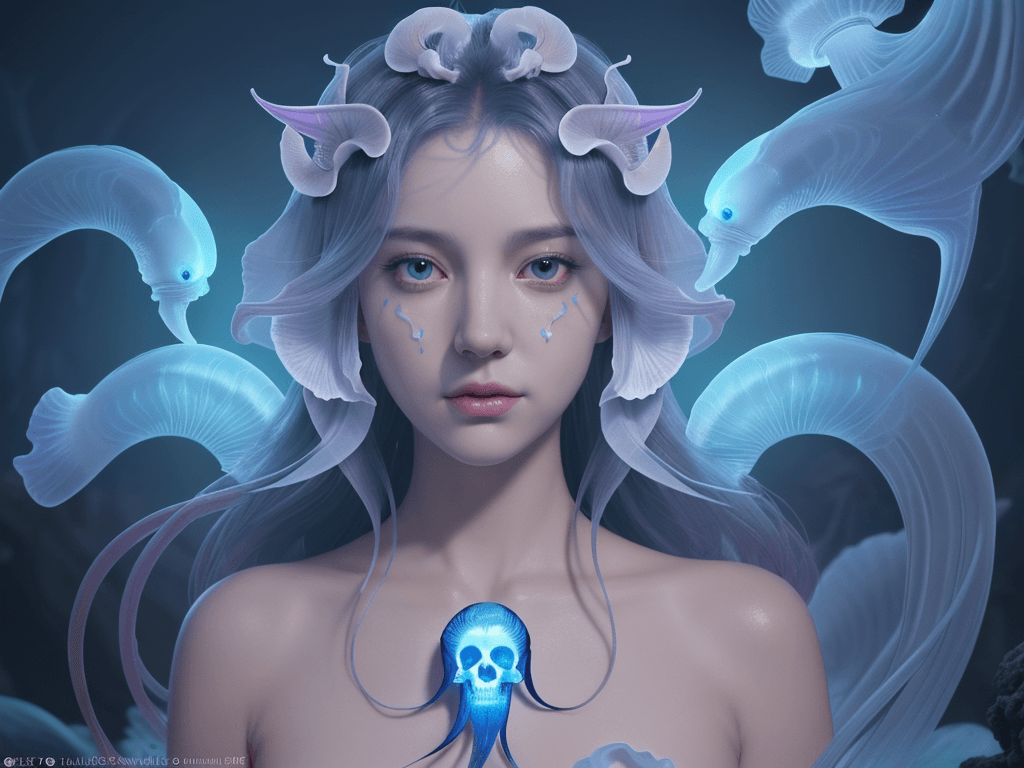 AI generated: Goddess close-up portrait ribcagel. jellyfish phoenix head, nautilus, orchid, skull, betta fish, bio...