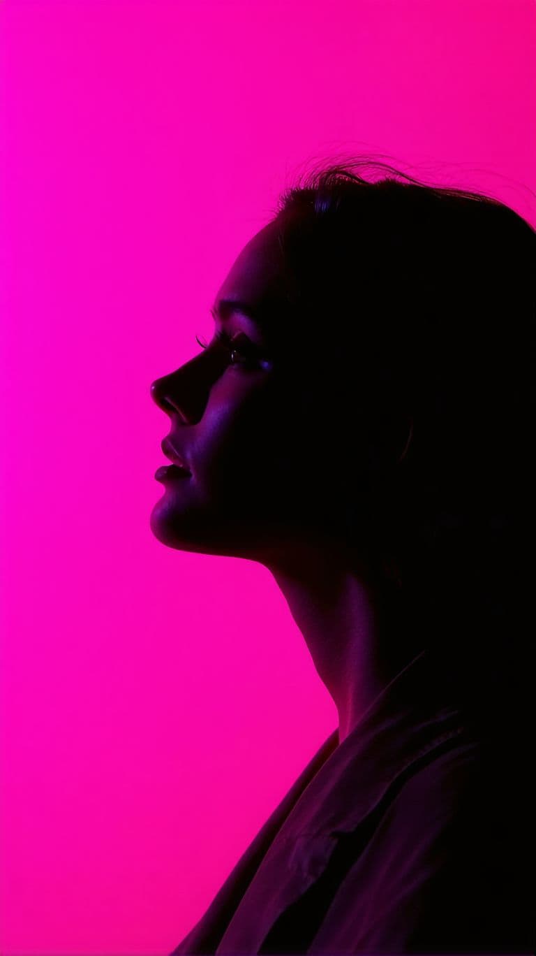 AI generated: photography, portrait of contrast, profile silhouette of a woman, vibrant hot pink backdrop, visuali...