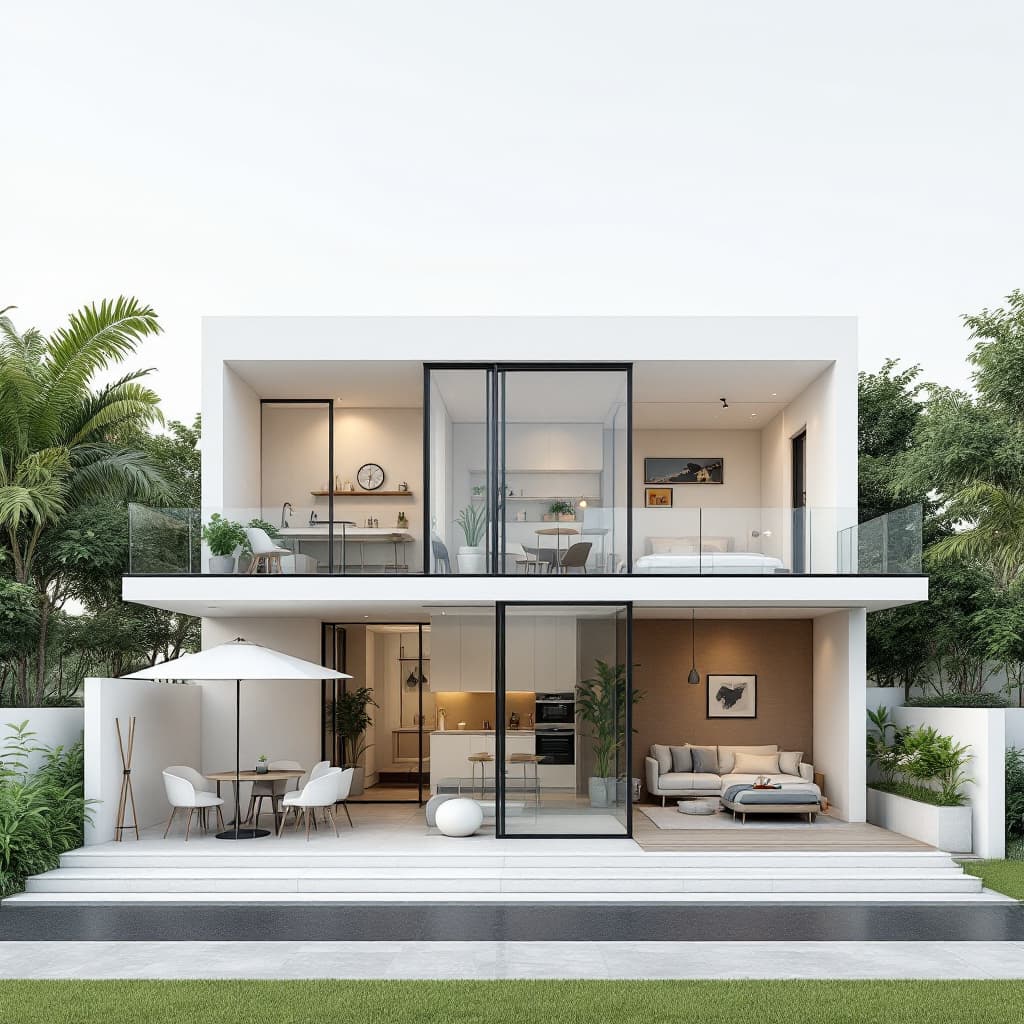 AI generated: Generate a modern and minimalist 3D-rendered cross-section of a house, displayed in a front-facing v...