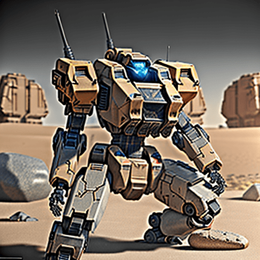 AI generated: A mechwarrior with back knee ,electronics,details ,concept,in desert with rocks and stones,machinegu...