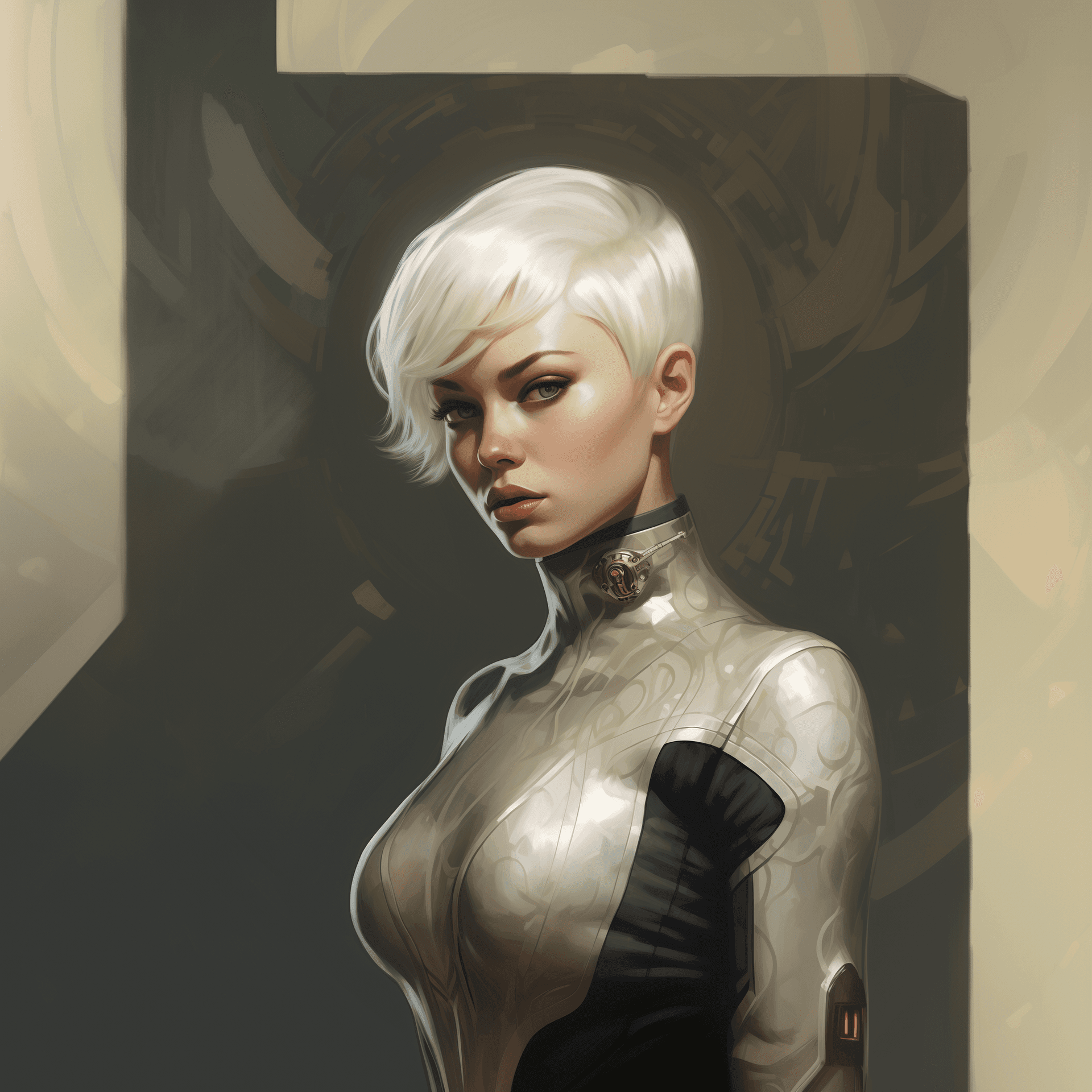 AI generated: A beautiful pale woman with short white hair and dark eyes, wearing silver skintight futuristic , in...
