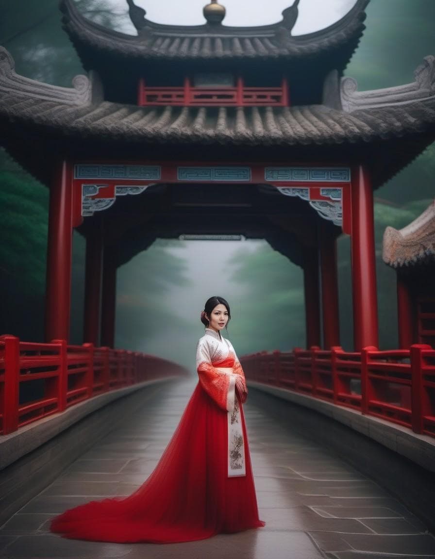 AI generated: Masterpiece, Stunning, Best quality, Chinese Architecture an Arched bridge in a Foggy Asian Forest ,...