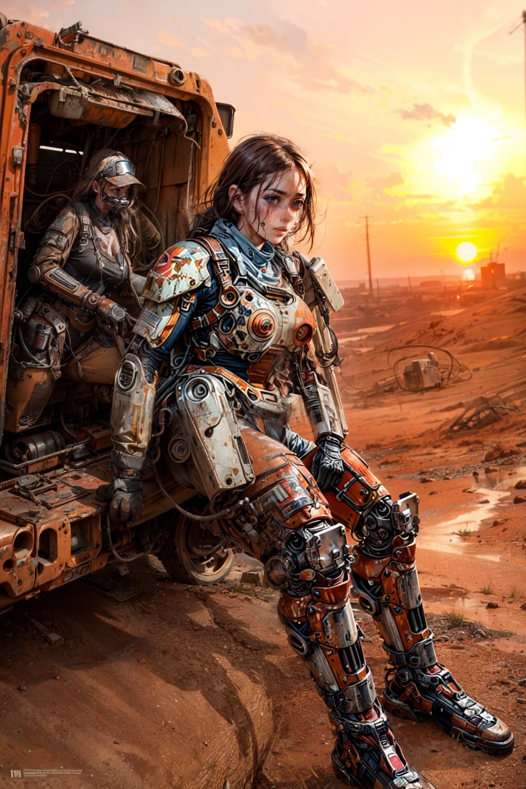 AI generated: realistic photo modelshoot style, (detailed face), (woman waifu in a cramped rusty hydraulic mech ex...