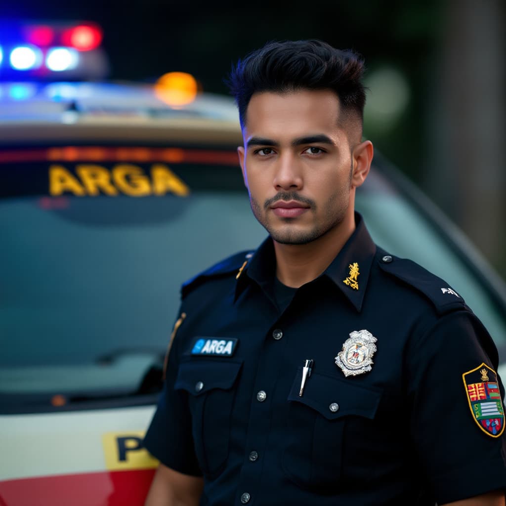 AI generated:  A handsome Indonesian police standing in front of police car, with name "Arga" on the car's window