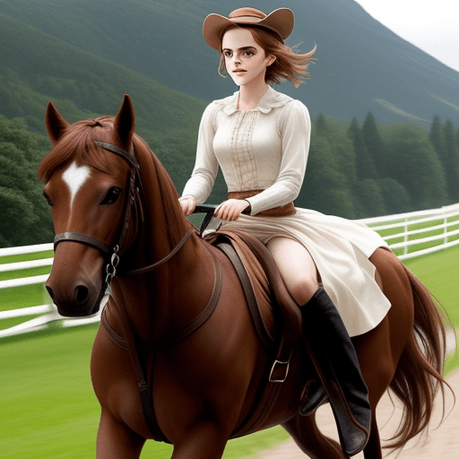 AI generated: Emma Watson riding a horse