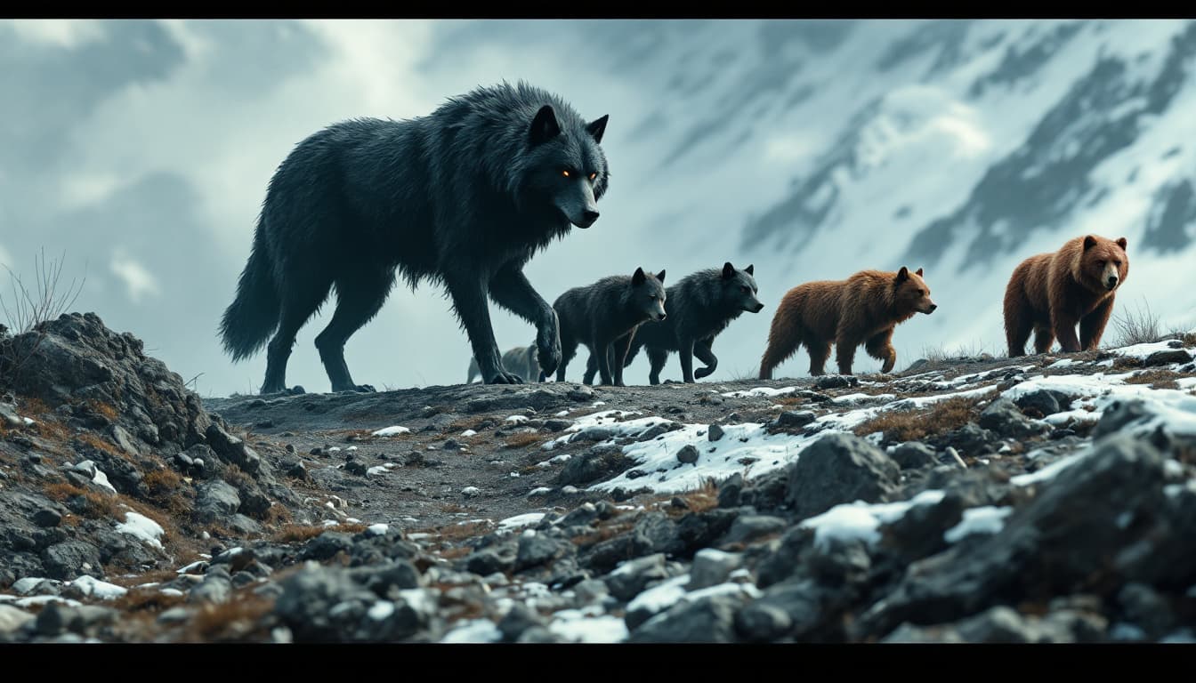 AI generated: A giant black wolf walks, followed by five wolves of different colors, black, brown, and a reddish o...