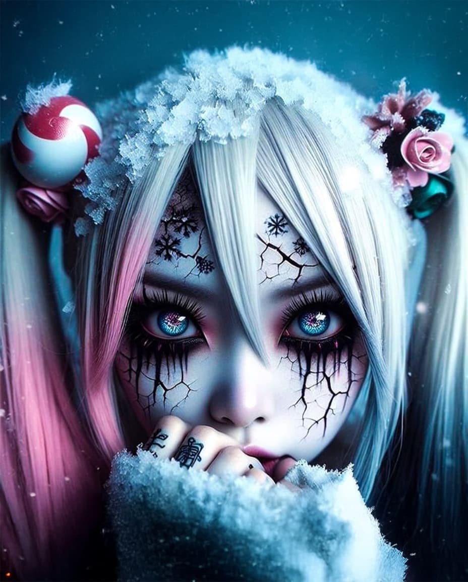 AI generated: hyper-detailed close-up portrait of a cracked porcelain doll girl with icy white and pink pigtails.....