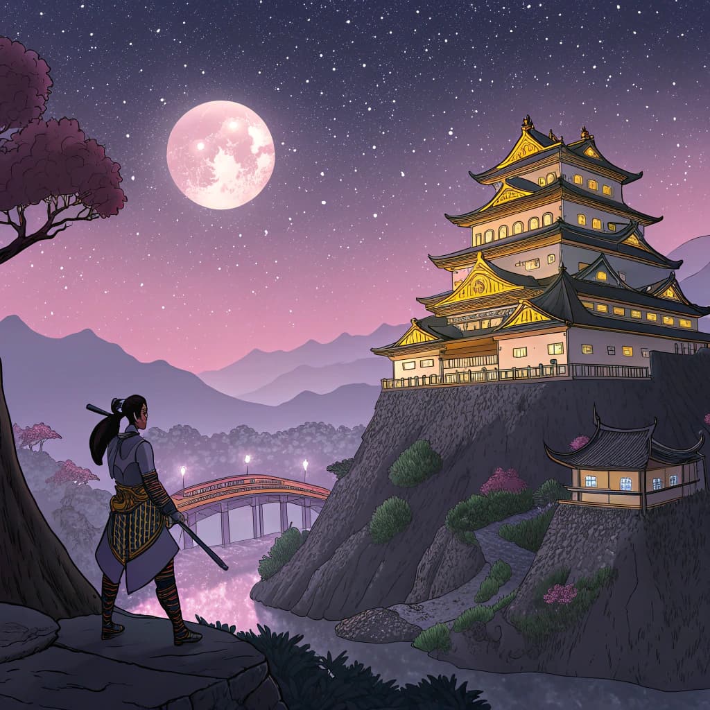 AI generated: Vibrant anime-style night scene of a grand Japanese-inspired mountain fortress glowing with golden l...