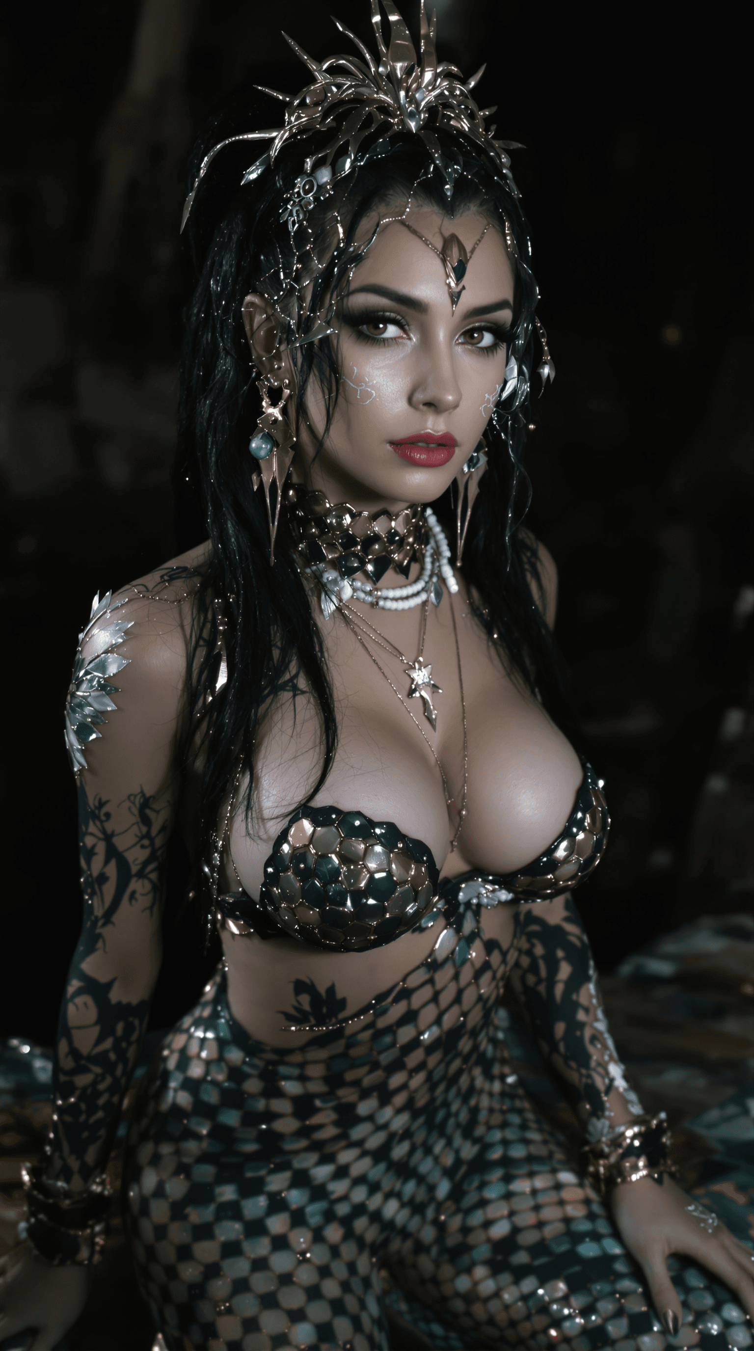AI generated: REAL MERMAID, beautiful charismatic mermaid woman hybrid, with piercings, athletic, a woman with a s...