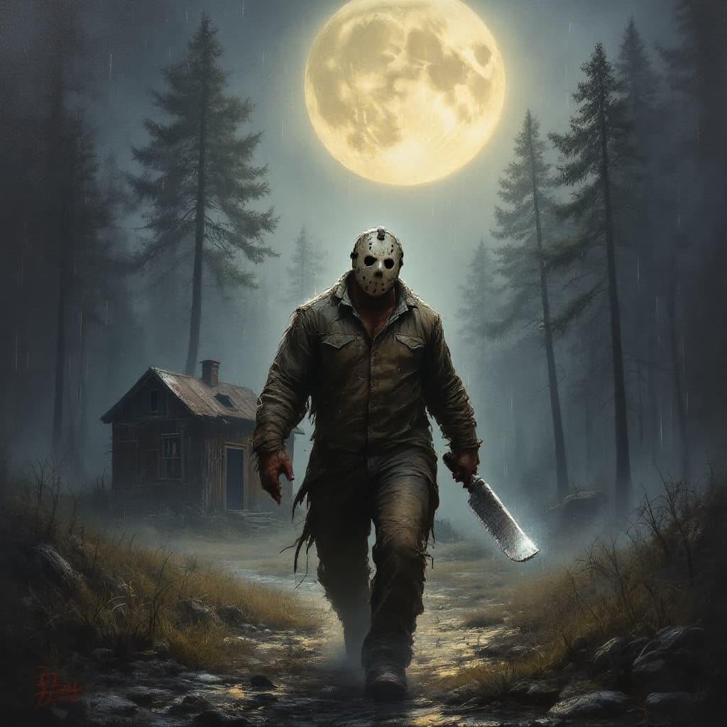 AI generated: Impasto oil painting of Jason Voorhees strides through a moonlit, rain-soaked forest, his tattered c...