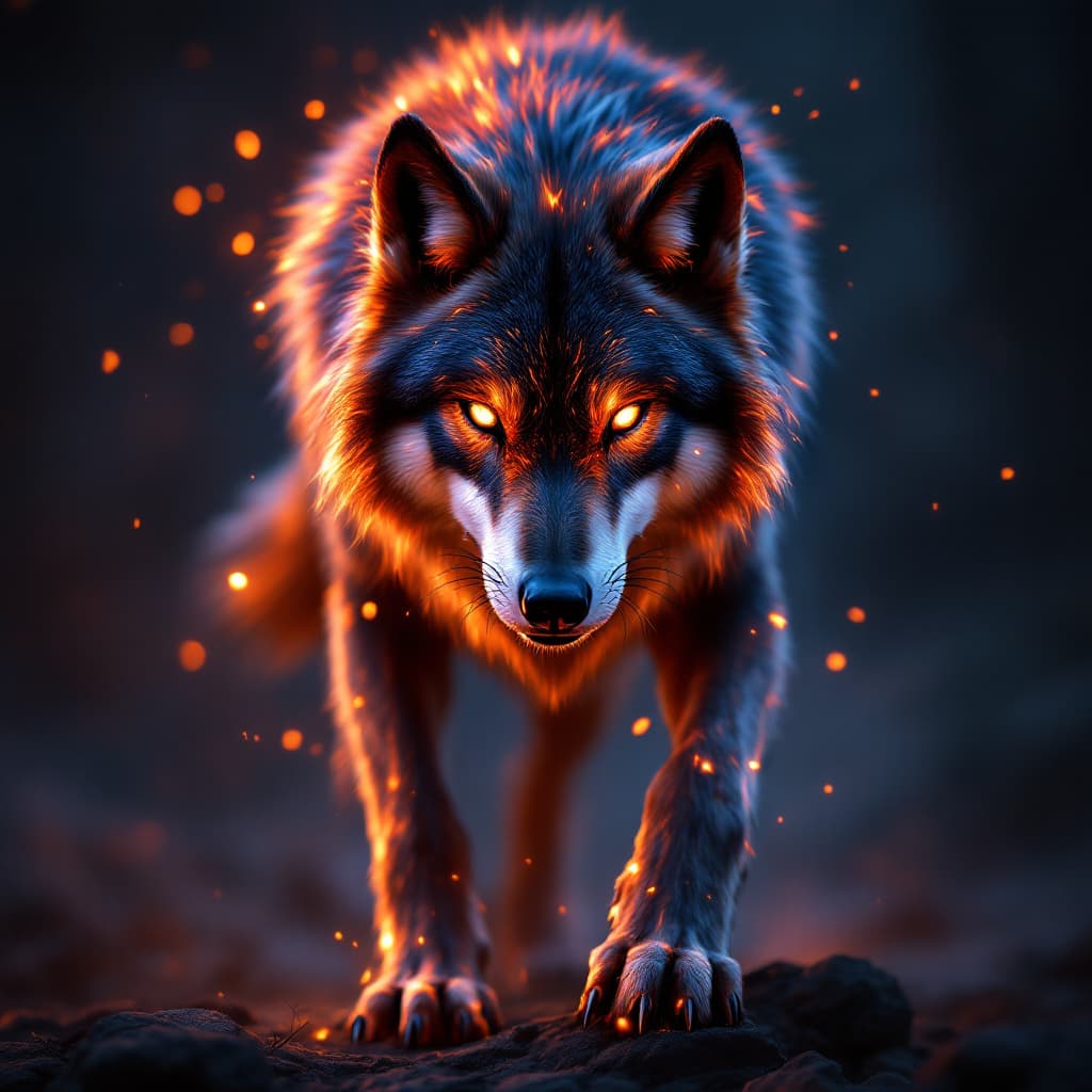 AI generated: Create an image of a powerful, aggressive-looking wolf with red and golden glowing fur. The wolf's p...