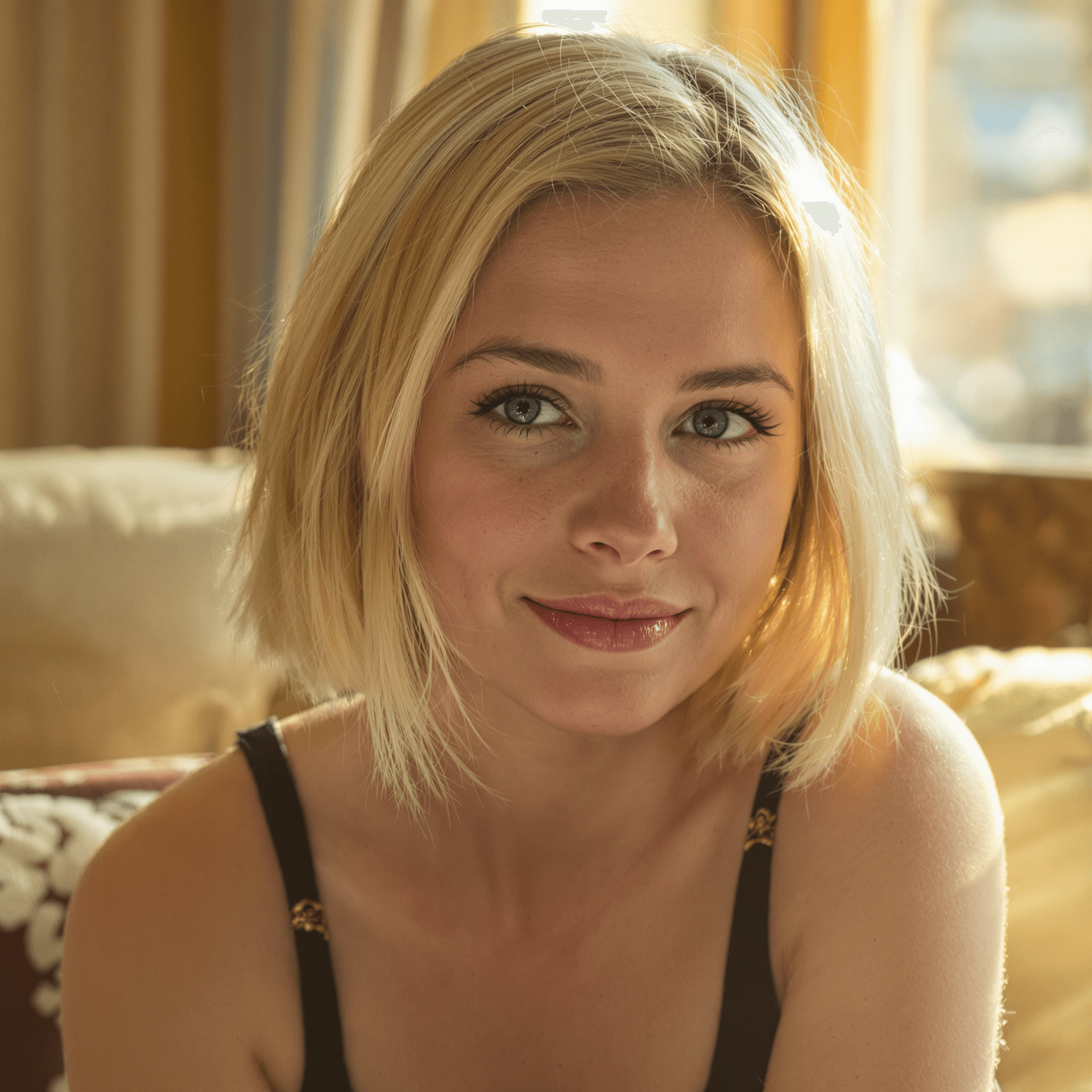 AI generated: A young blonde woman with blue  mid open eyes, and light blonde hair styled in a long bob sits in a ...