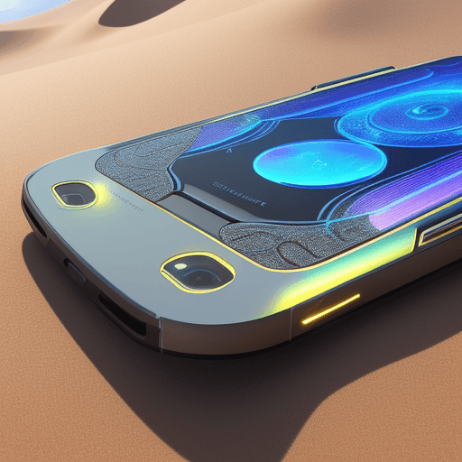 AI generated: A futuristic, ethereal glow illuminates a sleek, metallic smartphone nestled in a bed of glowing, ir...