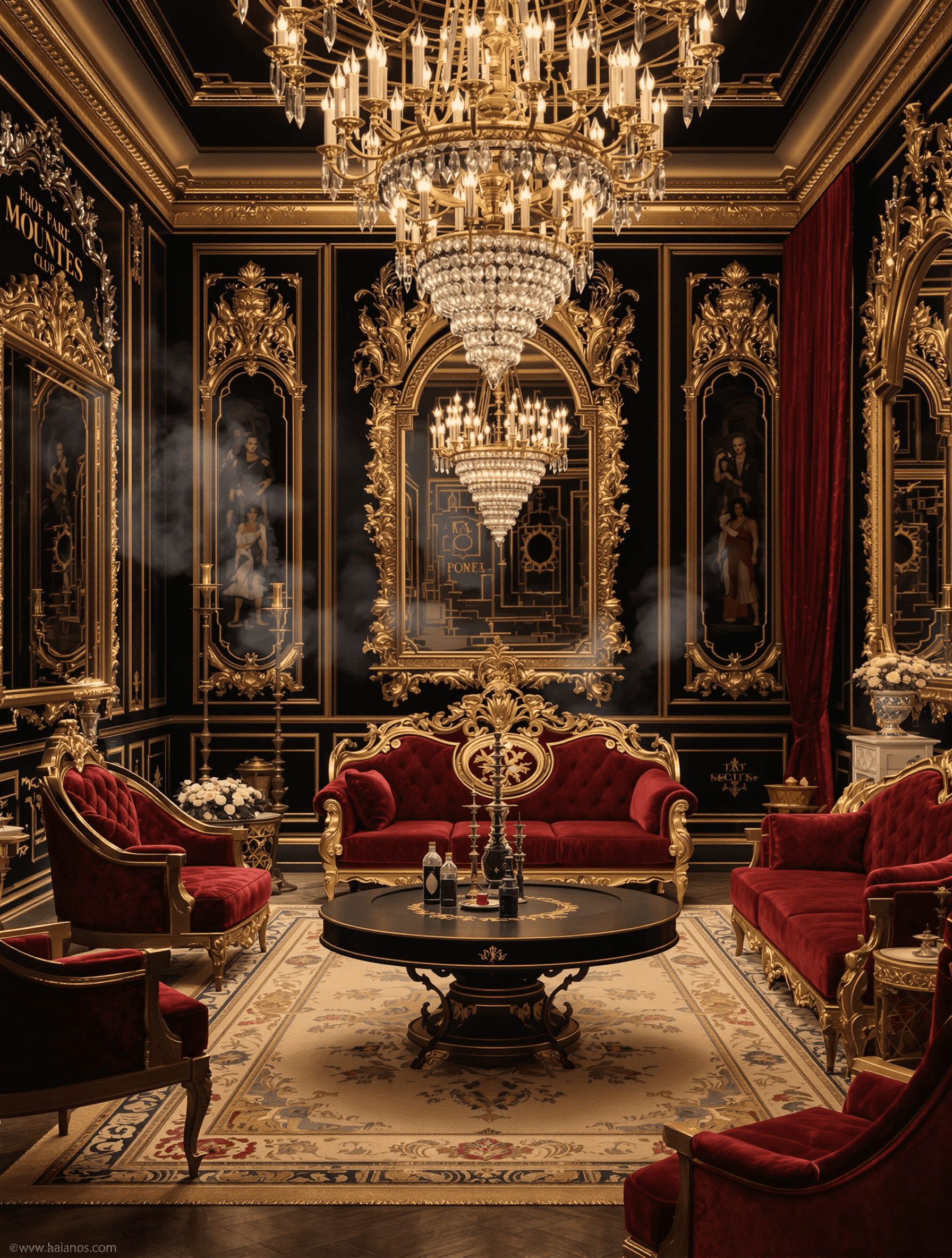 AI generated: 
Create a grand, opulent poster for The scene is a lavish Rococo/Baroque-inspired living room with d...