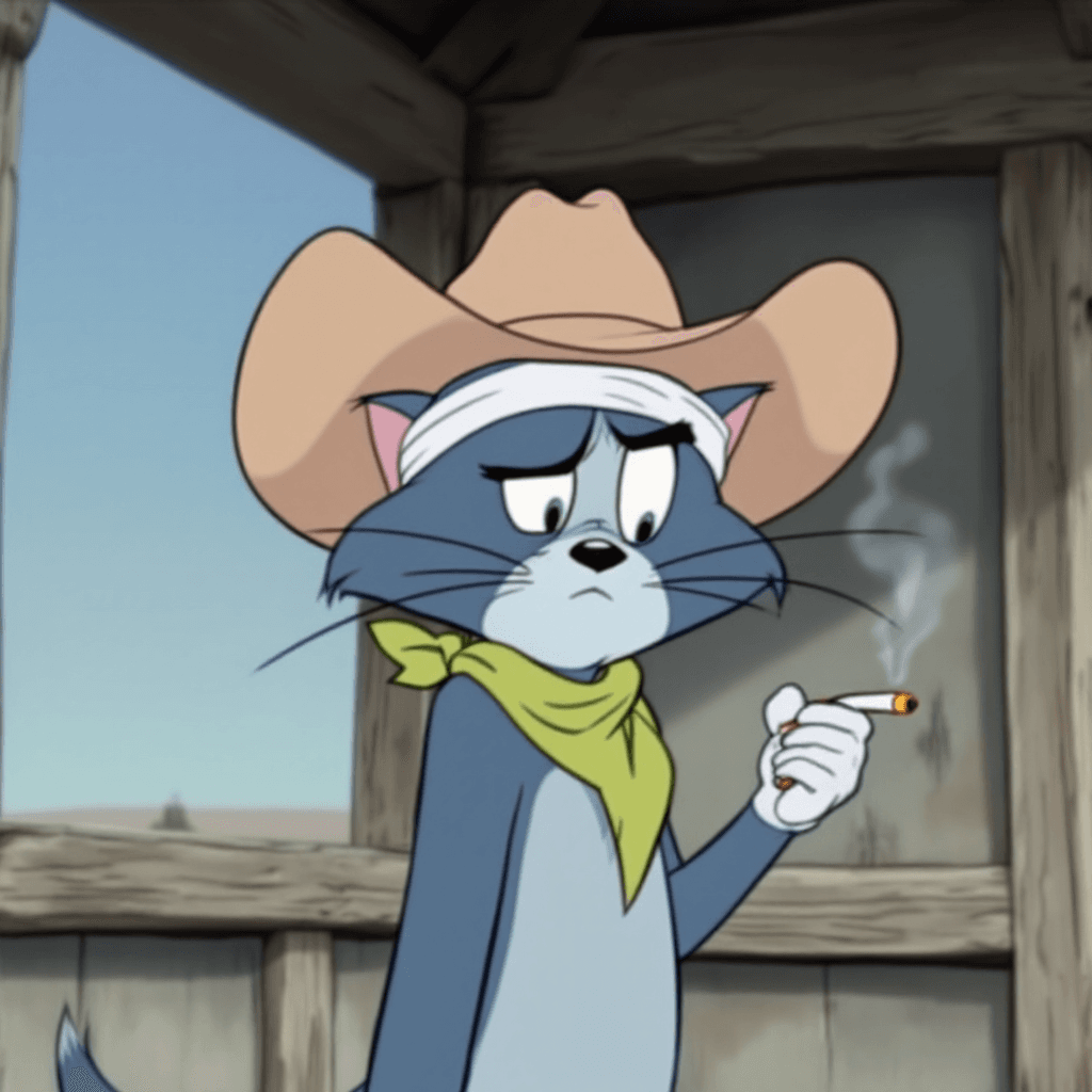 AI generated: Animated cartoon Tom, a blue cat, depicted as a cowboy.  He wears a light-colored cowboy hat, a whit...