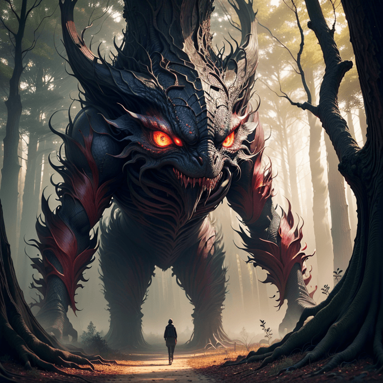 AI generated: creature shaped like a tree peeking through the branches of a tree, reddish eyes, dense and dark for...