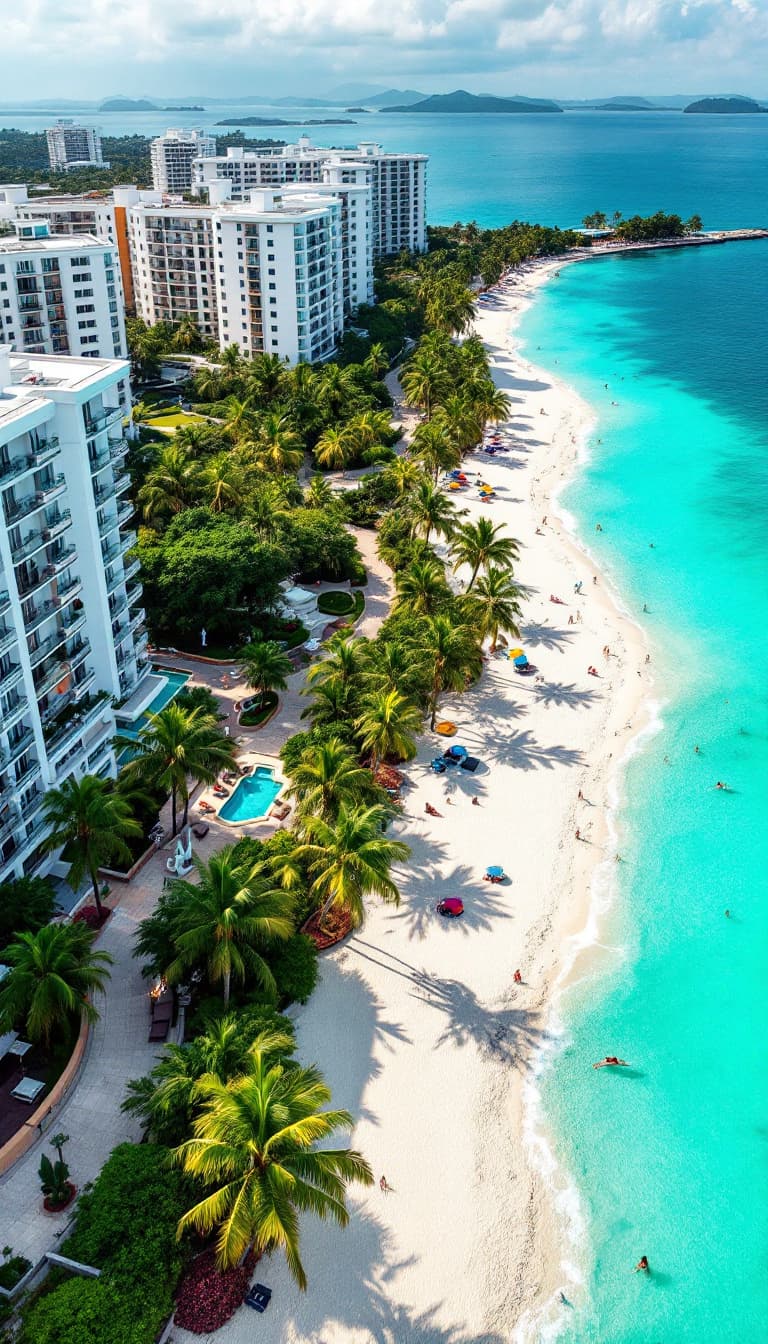 AI generated: An aerial view of a tropical seaside promenade with bright white apartment buildings surrounded by l...