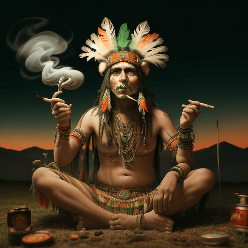 AI generated: High-resolution photograph of a psychedelic scene, indian chief dancing with a cannabis headdress, s...