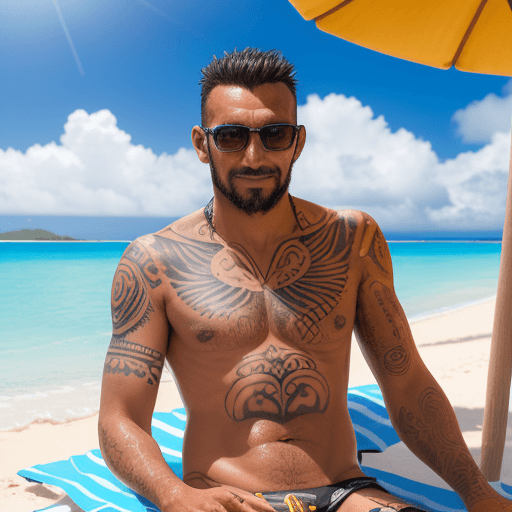 AI generated: un homme tahitien avec des tatoo sur une plage, buvant une biere. soleil visible, et fond de plage a...