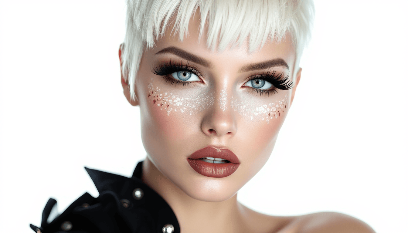 AI generated: a beautiful albino model with an avant-garde haircut, she is looking into the camera, henna pattern ...