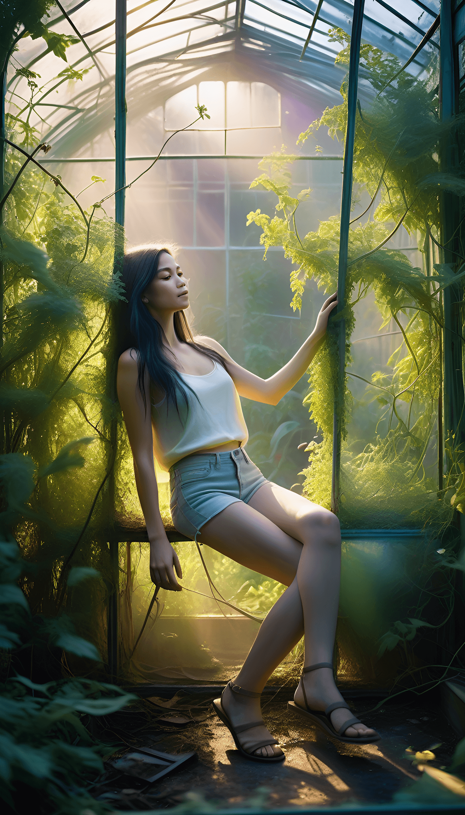 AI generated: potrait a woman, capturing the fleeting effects of light and atmosphere,  an overgrown broken greenh...