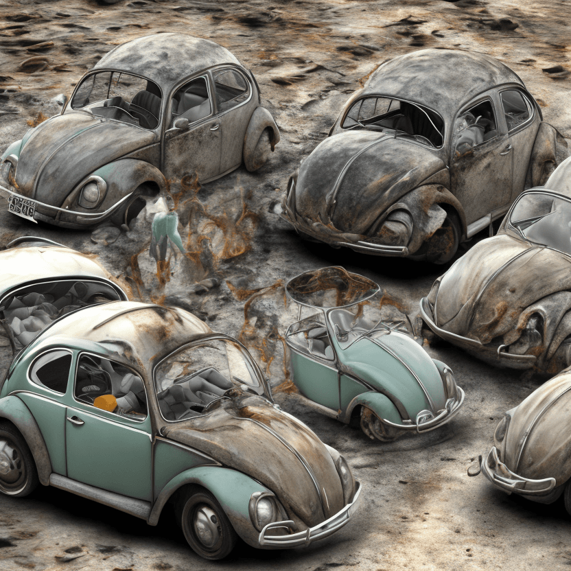 AI generated: standard definition humans with melted volkswagen beetle, 8k
