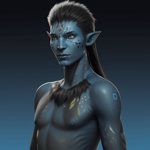 AI generated: male na'vi character, omatikaya, blue skin, avatar na'vi, james cameron, 2009
